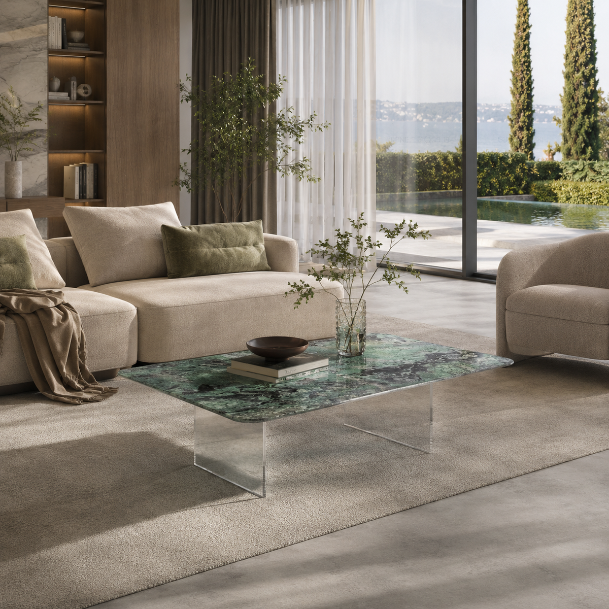 Montfort Interiors Cova Green Marble Coffee Table in a styled interior