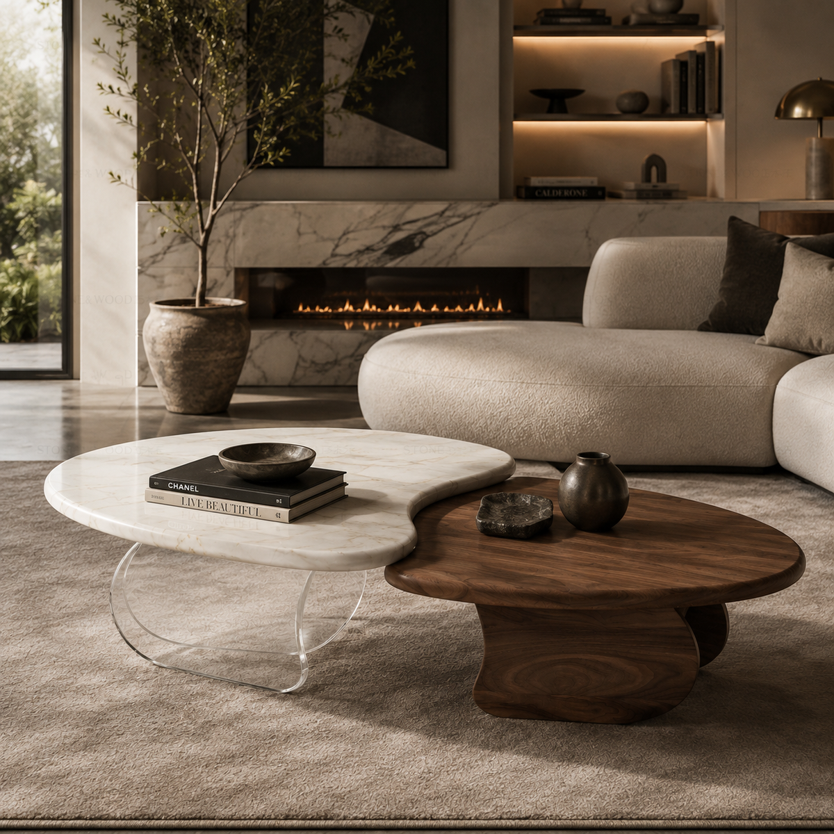 Montfort Interiors Aven Marble & Wood Coffee Table in a styled interior