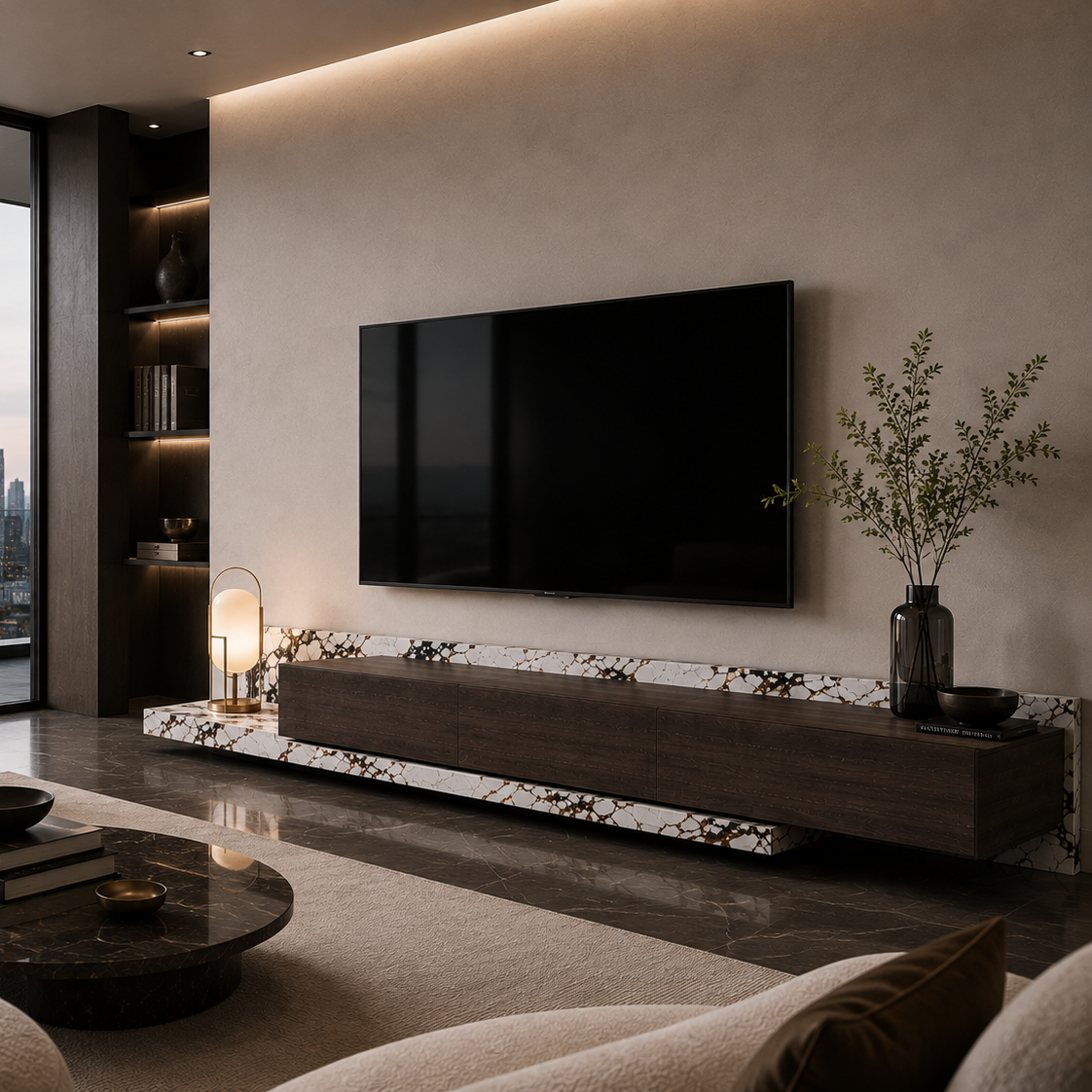 Montfort Interiors Oren Marble & Wood TV Unit in a styled interior