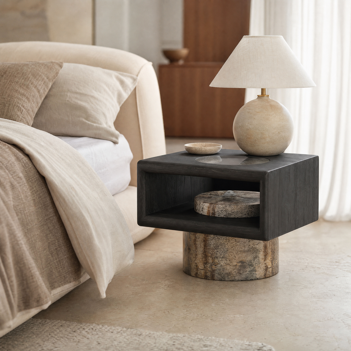 Aster Marble & Wood Bedside Table