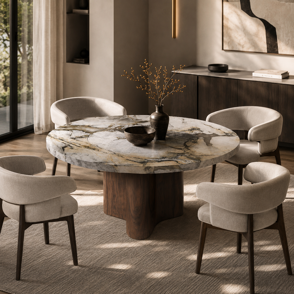 Aven Marble & Wood Round Dining Table