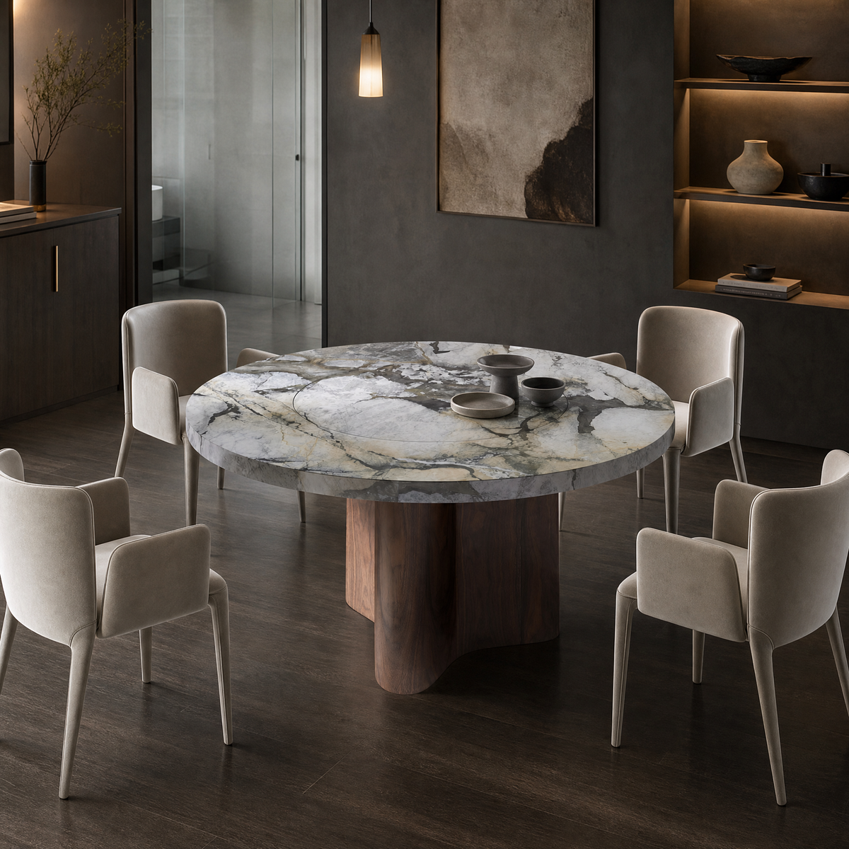 Aven Marble & Wood Round Dining Table