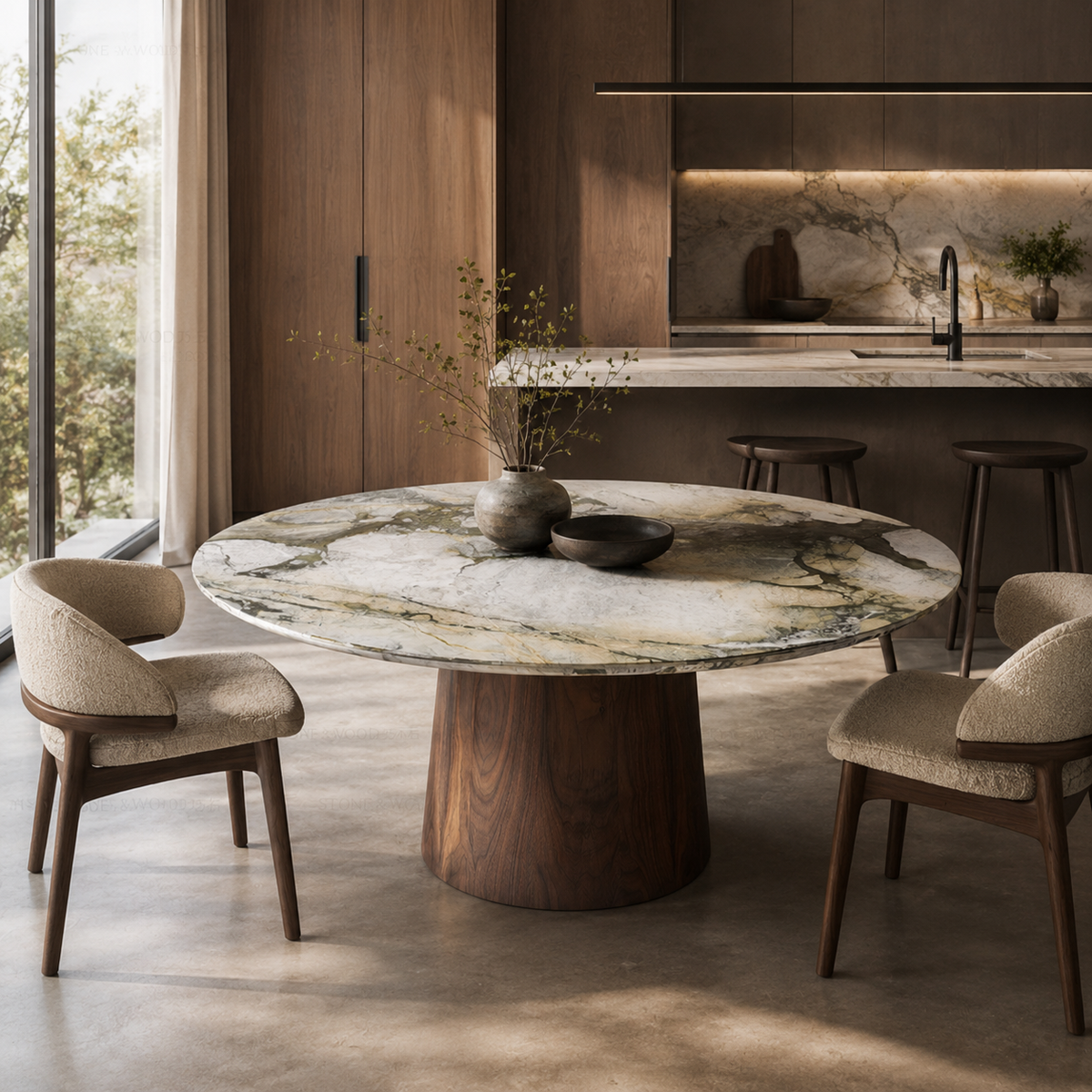 Mira Marble & Wood Round Dining Table