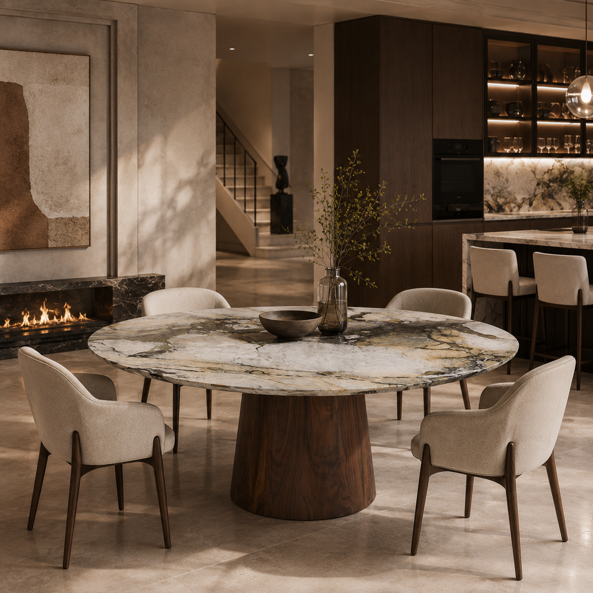 Mira Marble & Wood Round Dining Table